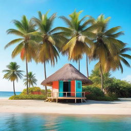 A cozy and colorful t-shirt hut located on a tropical island