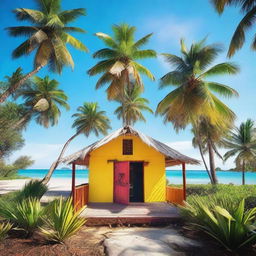 A cozy and colorful t-shirt hut located on a tropical island