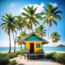 A cozy and colorful t-shirt hut located on a tropical island