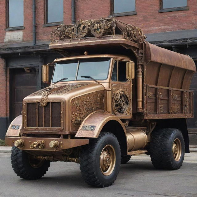 A dump truck reimagined in a steampunk aesthetic, adorned with brass fittings, intricate gears, steam-belching stacks, and an ornate Victorian touch to its industrial structure.