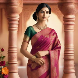 Create an image of an Indian woman wearing a traditional saree