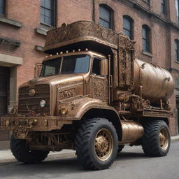 A dump truck reimagined in a steampunk aesthetic, adorned with brass fittings, intricate gears, steam-belching stacks, and an ornate Victorian touch to its industrial structure.