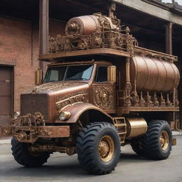 A dump truck reimagined in a steampunk aesthetic, adorned with brass fittings, intricate gears, steam-belching stacks, and an ornate Victorian touch to its industrial structure.