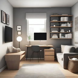 A room containing a desk with a work chair, a single-seat sofa with a reading lamp, and a storage unit that includes a 42-inch TV on top