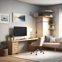 A room containing a desk with a work chair, a single-seat sofa with a reading lamp, and a storage unit that includes a 42-inch TV on top