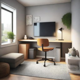 A room containing a desk with a work chair, a single-seat sofa with a reading lamp, and a storage unit that includes a 42-inch TV on top