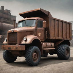 A dump truck redesigned in dieselpunk style, bearing a gritty, industrial appeal with rusted iron elements, mechanical gear modules, and a robust, diesel-powered engine.