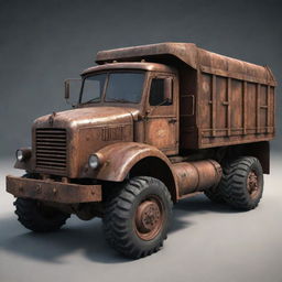 A dump truck redesigned in dieselpunk style, bearing a gritty, industrial appeal with rusted iron elements, mechanical gear modules, and a robust, diesel-powered engine.