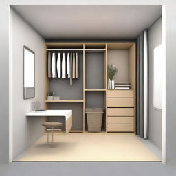 A 3x3 meter room design with one wall occupied by a door and a 2-meter wide closet reaching the ceiling