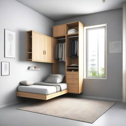 A 3x3 meter room design with one wall occupied by a door and a 2-meter wide closet reaching the ceiling