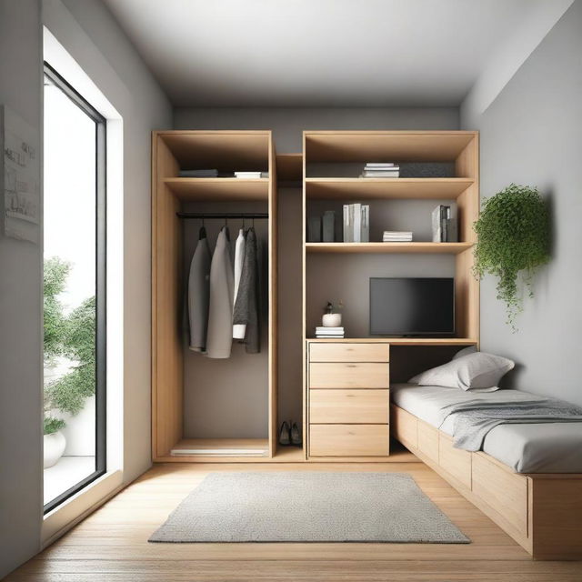 A 3x3 meter room design with one wall occupied by a door and a 2-meter wide closet reaching the ceiling