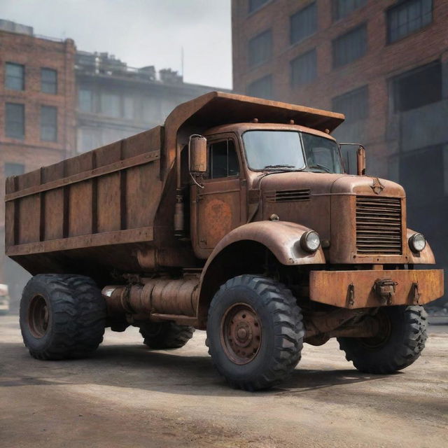 A dump truck redesigned in dieselpunk style, bearing a gritty, industrial appeal with rusted iron elements, mechanical gear modules, and a robust, diesel-powered engine.