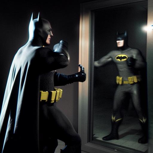 A fierce duel between an angry Batman and his mirror reflection, both wearing their iconic costumes, fighting in the shadowy Gotham City streets.