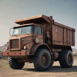 A dump truck redesigned in dieselpunk style, bearing a gritty, industrial appeal with rusted iron elements, mechanical gear modules, and a robust, diesel-powered engine.