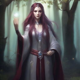 A female high elf sorcerer with long maroon hair, grey skin, and maroon eyes