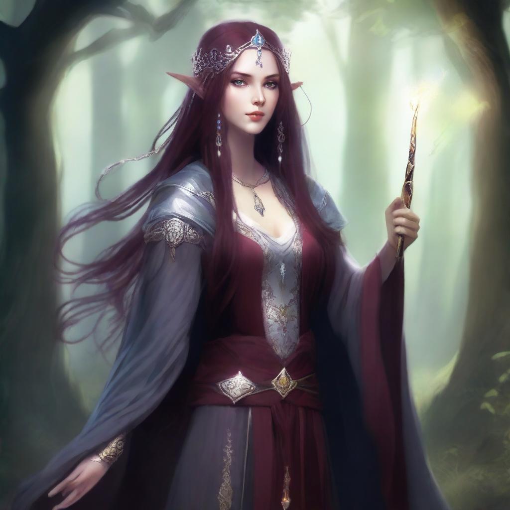 A female high elf sorcerer with long maroon hair, grey skin, and maroon eyes