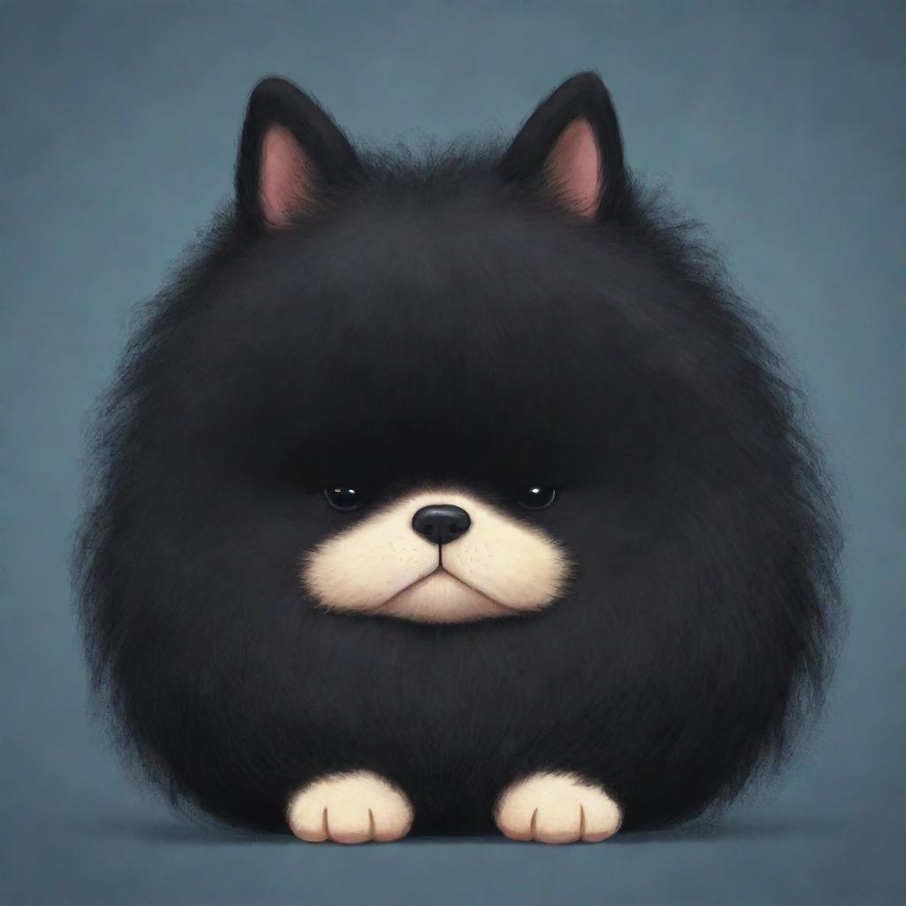 A chubby, feminine anthropomorphic dog with fluffy black fur. She has large, floppy ears and long hair obscuring her eyes, cascading down to rest on her shoulders.