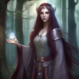 A female high elf sorcerer with long maroon hair, grey skin, and maroon eyes