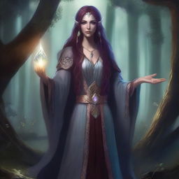 A female high elf sorcerer with long maroon hair, grey skin, and maroon eyes