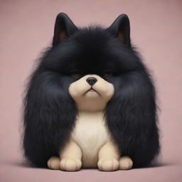 A chubby, feminine anthropomorphic dog with fluffy black fur. She has large, floppy ears and long hair obscuring her eyes, cascading down to rest on her shoulders.