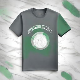 Create a few stylish and unusual T-shirt design options using three colors: gray, green, and white