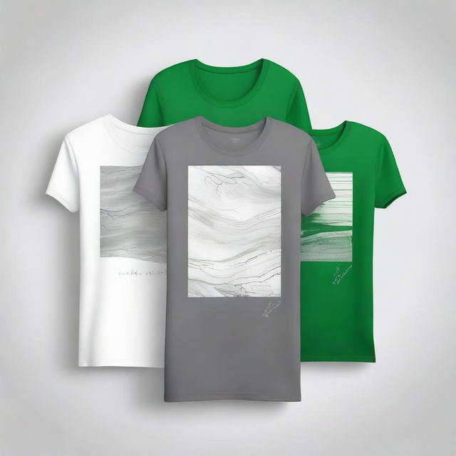 Create a few stylish and unusual T-shirt design options using three colors: gray, green, and white