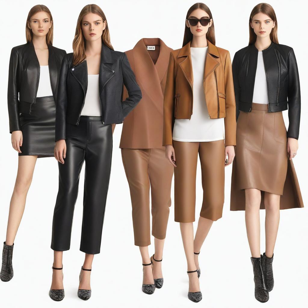 A collection of stylish leather clothes designed for women, including jackets, skirts, pants, and dresses