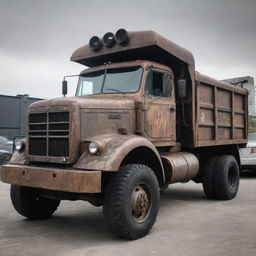 A dump truck morphed into a gaspunk form, containing worn metals, gas-mask-inspired grill, smoky colors and loaded with a dystopian, atmospheric charm.