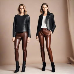 A collection of stylish leather clothes designed for women, including jackets, skirts, pants, and dresses