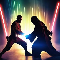 Two people engaged in an intense duel with lightsabers, set against a dramatic and futuristic backdrop