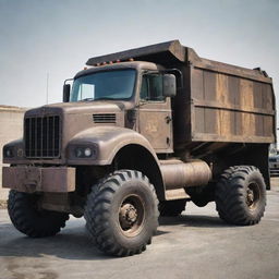 A dump truck morphed into a gaspunk form, containing worn metals, gas-mask-inspired grill, smoky colors and loaded with a dystopian, atmospheric charm.