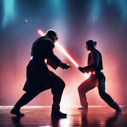 Two people engaged in an intense duel with lightsabers, set against a dramatic and futuristic backdrop