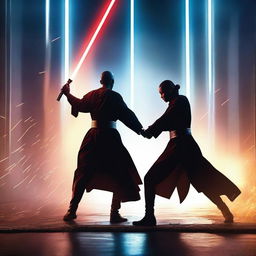 Two people engaged in an intense duel with lightsabers, set against a dramatic and futuristic backdrop