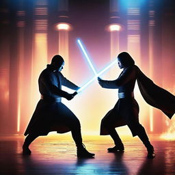 Two people engaged in an intense duel with lightsabers, set against a dramatic and futuristic backdrop