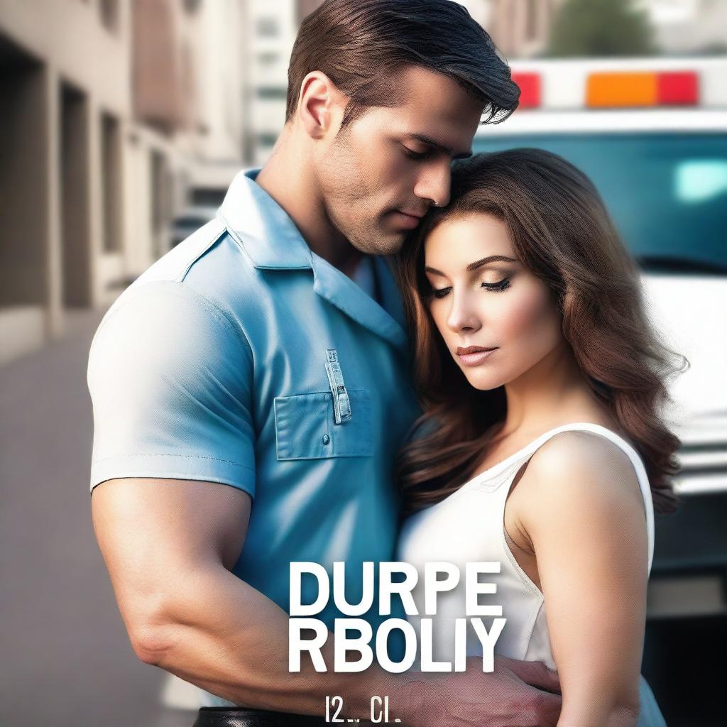 A captivating romance novel cover featuring a couple in an intimate embrace, with elements of emergency medical services (EMS) such as an ambulance or paramedic gear subtly included in the background