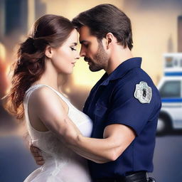 A captivating romance novel cover featuring a couple in an intimate embrace, with elements of emergency medical services (EMS) such as an ambulance or paramedic gear subtly included in the background