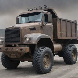 A dump truck morphed into a gaspunk form, containing worn metals, gas-mask-inspired grill, smoky colors and loaded with a dystopian, atmospheric charm.