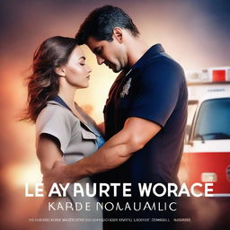 A captivating romance novel cover featuring a couple in an intimate embrace, with elements of emergency medical services (EMS) such as an ambulance or paramedic gear subtly included in the background