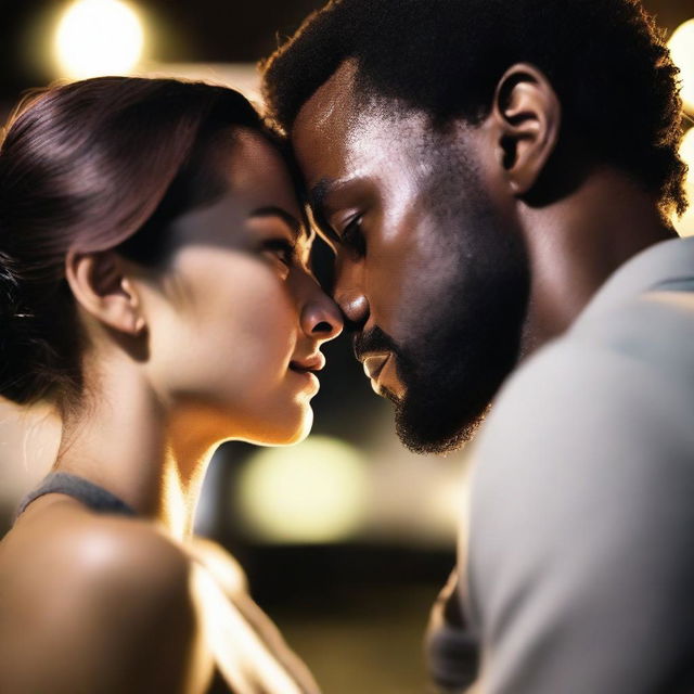 A close-up of two lovers staring into each other's eyes, with blurry ambulance lights in the background