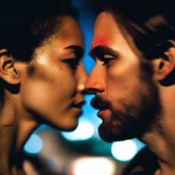 A close-up of two lovers staring into each other's eyes, with blurry ambulance lights in the background