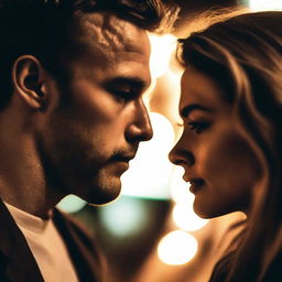 A close-up of two lovers staring into each other's eyes, with blurry ambulance lights in the background