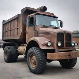 A dump truck morphed into a gaspunk form, containing worn metals, gas-mask-inspired grill, smoky colors and loaded with a dystopian, atmospheric charm.