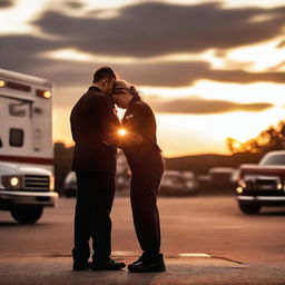 A romantic scene featuring two emergency medical service (EMS) workers