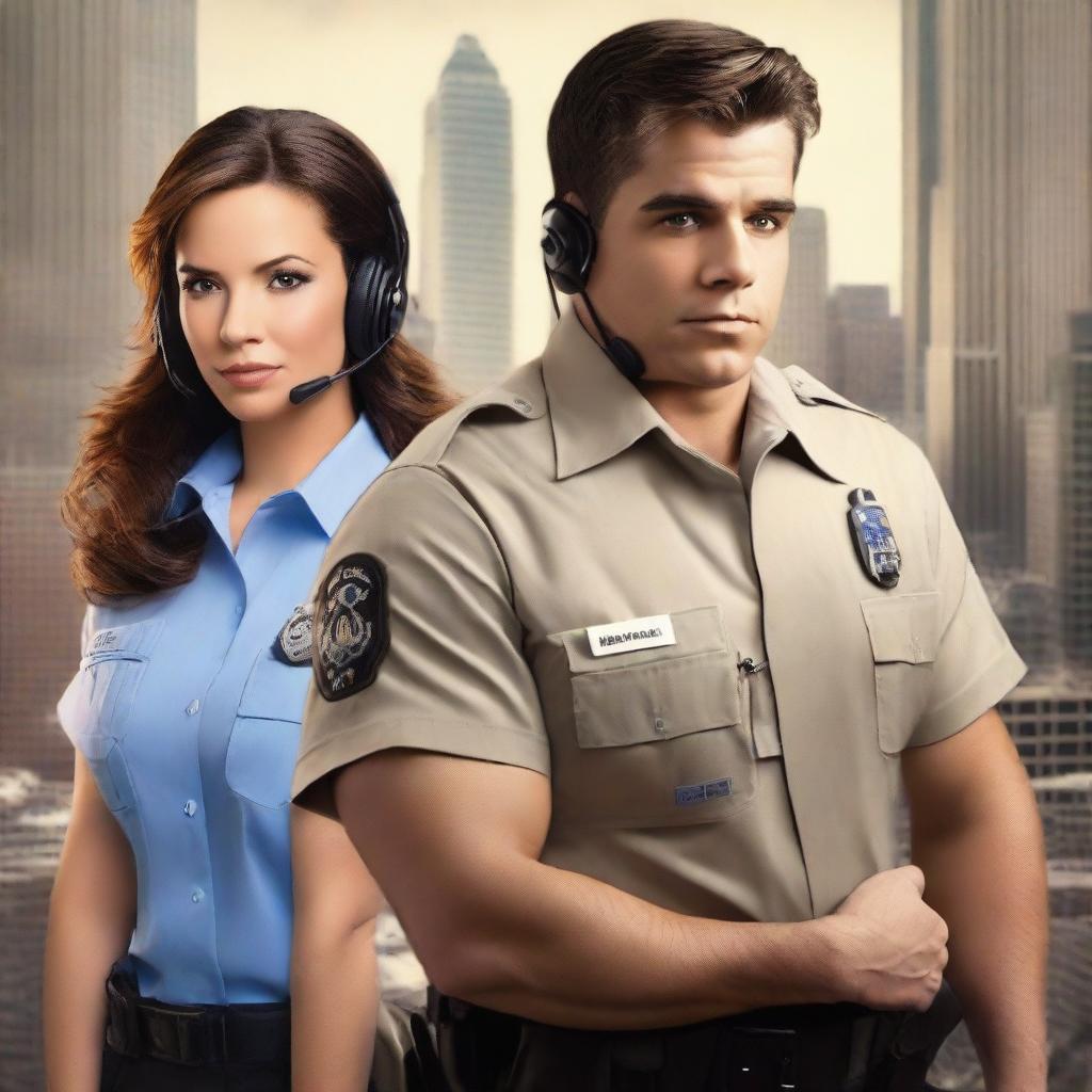 Create a high-definition romance novel cover photo featuring a male EMT and a female 911 dispatcher