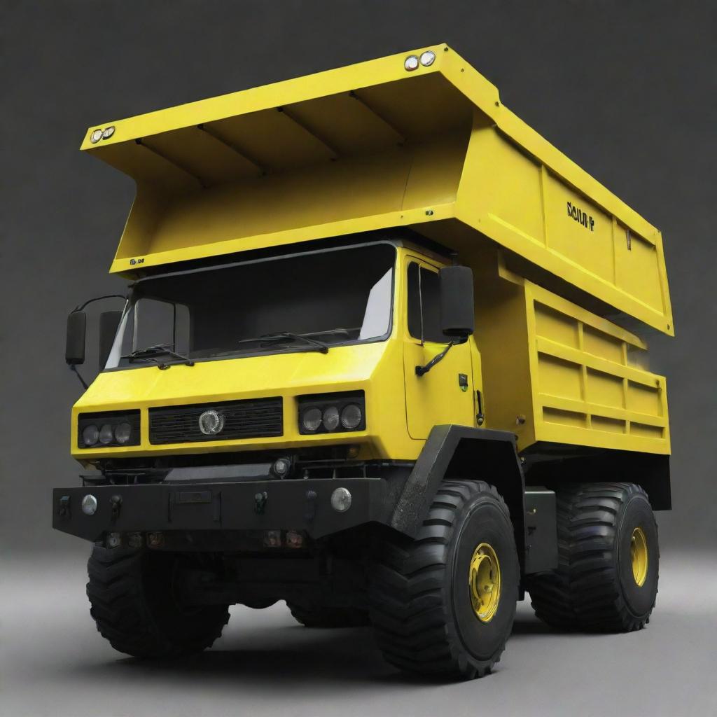 A dump truck crafted in a nuclearpunk aesthetic, fitted with radiation shielding, glowing with a post-nuclear lifespan and designed to transport hazardous radioactive materials.