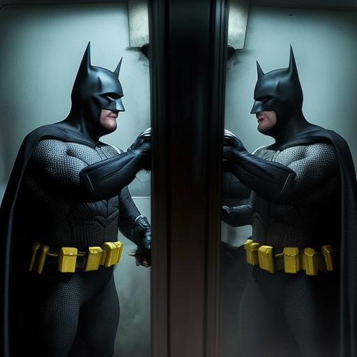 A fierce duel between an angry Batman and his mirror reflection, both wearing their iconic costumes, fighting in the shadowy Gotham City streets.