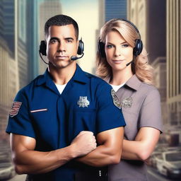 Create a high-definition romance novel cover photo featuring a male EMT and a female 911 dispatcher