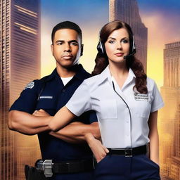 Create a high-definition romance novel cover photo featuring a male EMT and a female 911 dispatcher