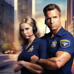 Create a high-definition romance novel cover photo featuring a male EMT and a female 911 dispatcher