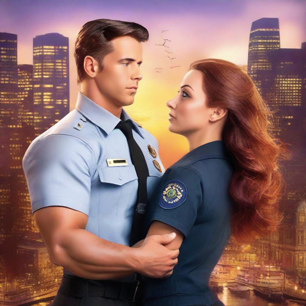 Create a romance novel cover art featuring a male EMT and a female with chestnut hair